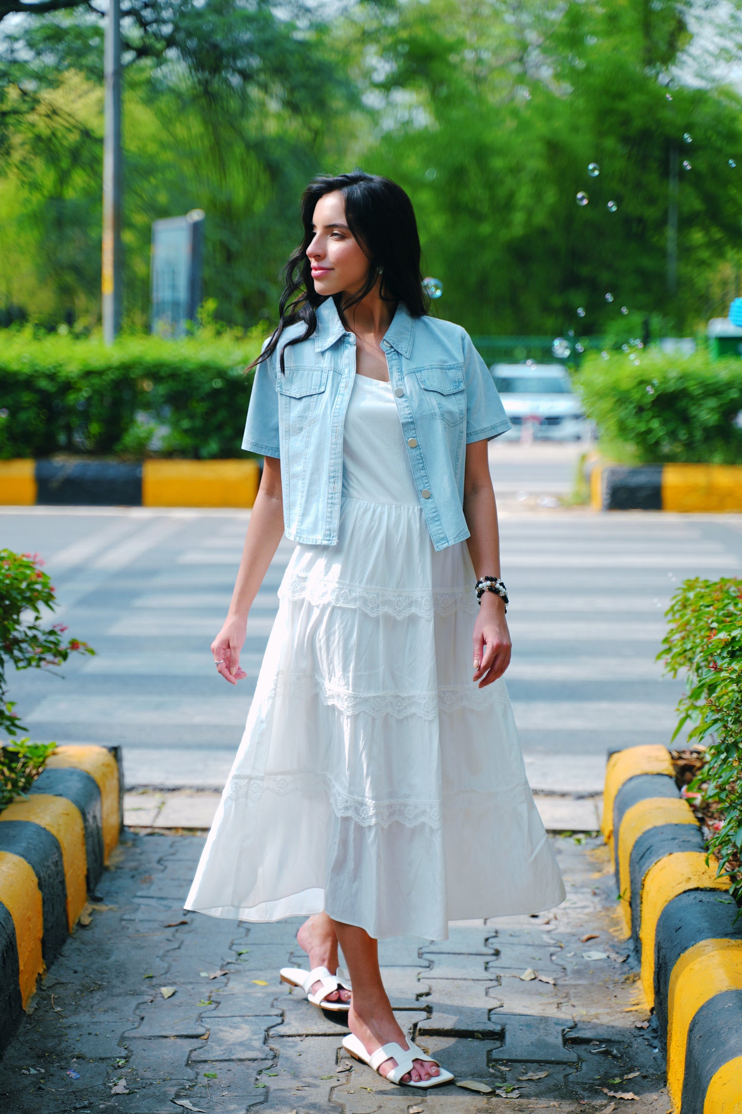 Cloudlight Muse Dress Set – White Tiered Maxi with Cropped Denim Shirt