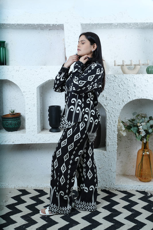 Ink Rhythm Co-ord – Black Ikkat Print Shirt & Pant Set