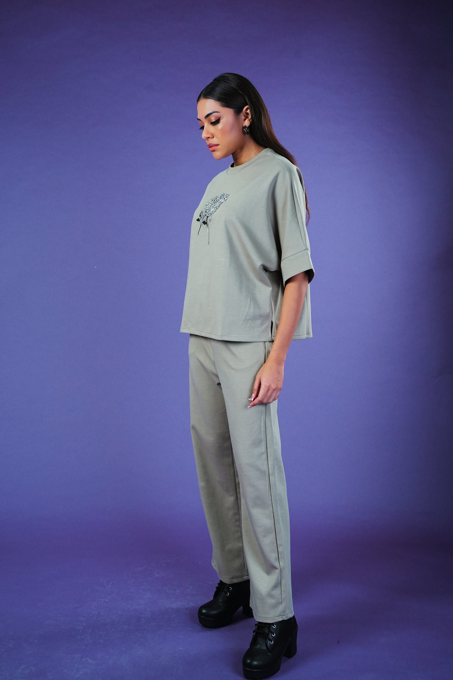 Matcha Diamond Bloom Co-ord Set for Women – Rhinestone Rose Embroidered Tee & Stretch Knit Pants with Pockets