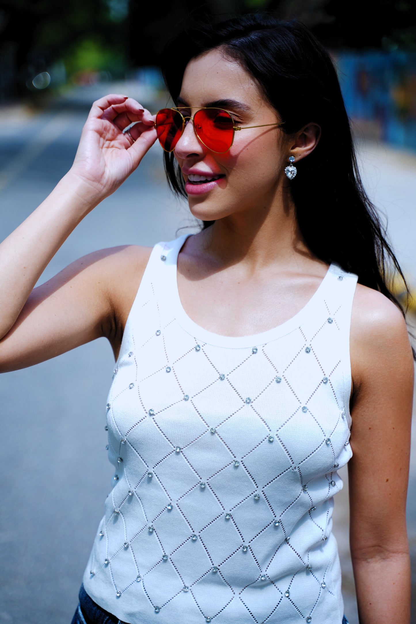 Diamond Dust – White Racerback Tank with Pointelle & Stones