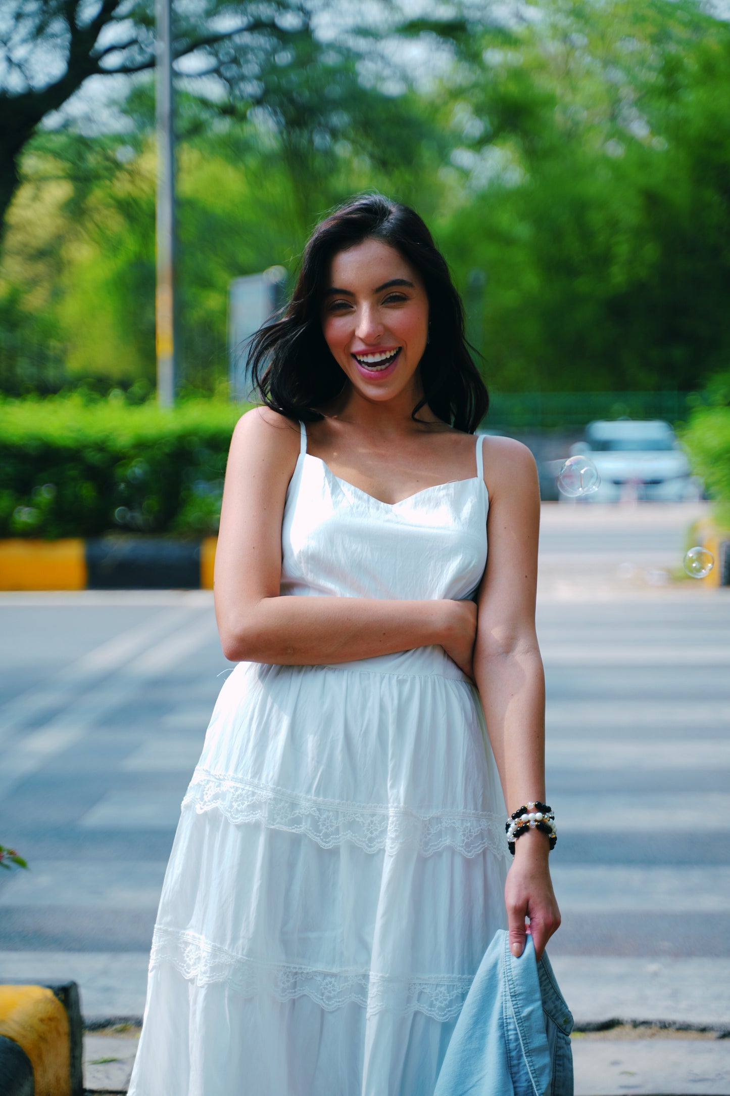 Cloudlight Muse Dress Set – White Tiered Maxi with Cropped Denim Shirt