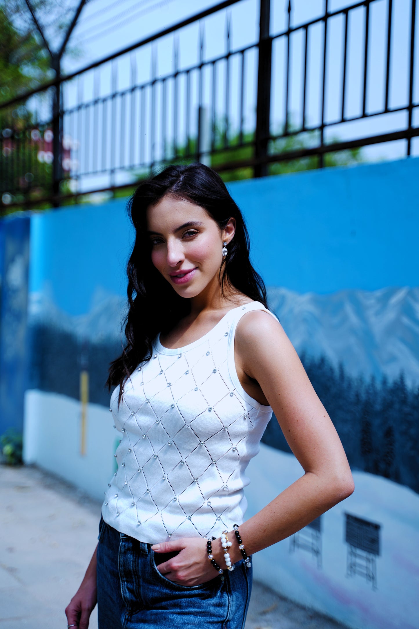 Diamond Dust – White Racerback Tank with Pointelle & Stones