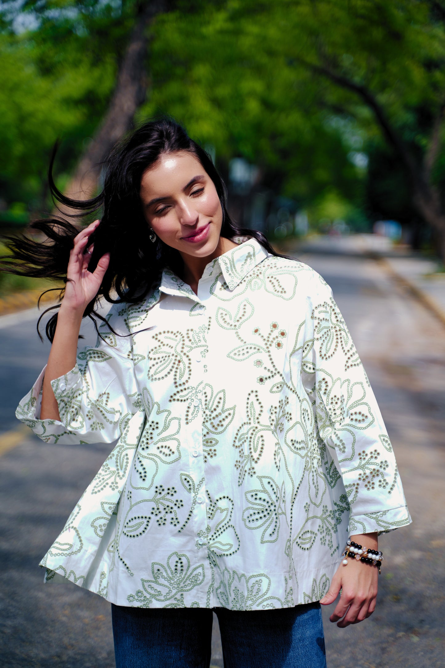 Heritage Bloom – Laser-Cut Oversized Cotton Shirt