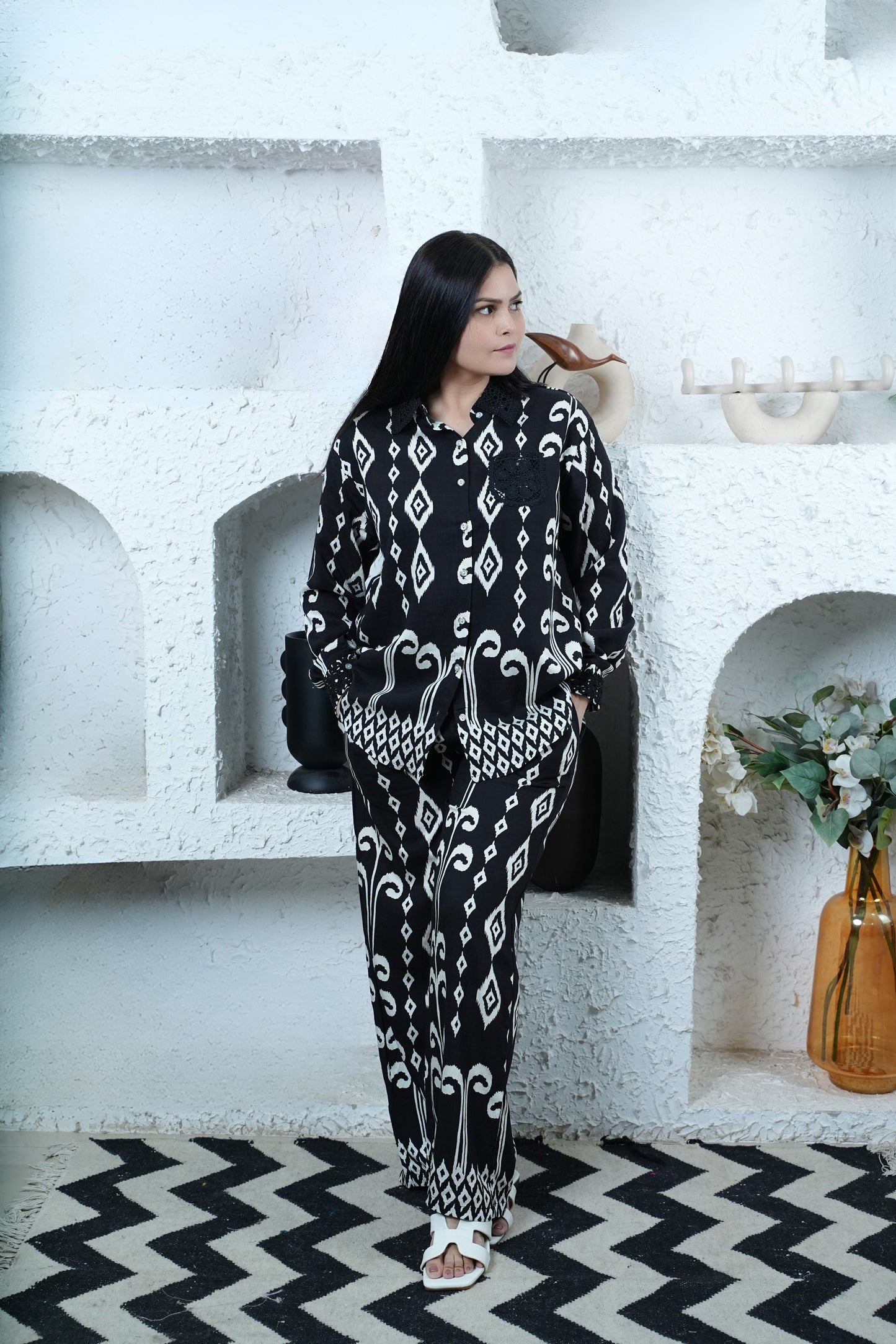 Ink Rhythm Co-ord – Black Ikkat Print Shirt & Pant Set