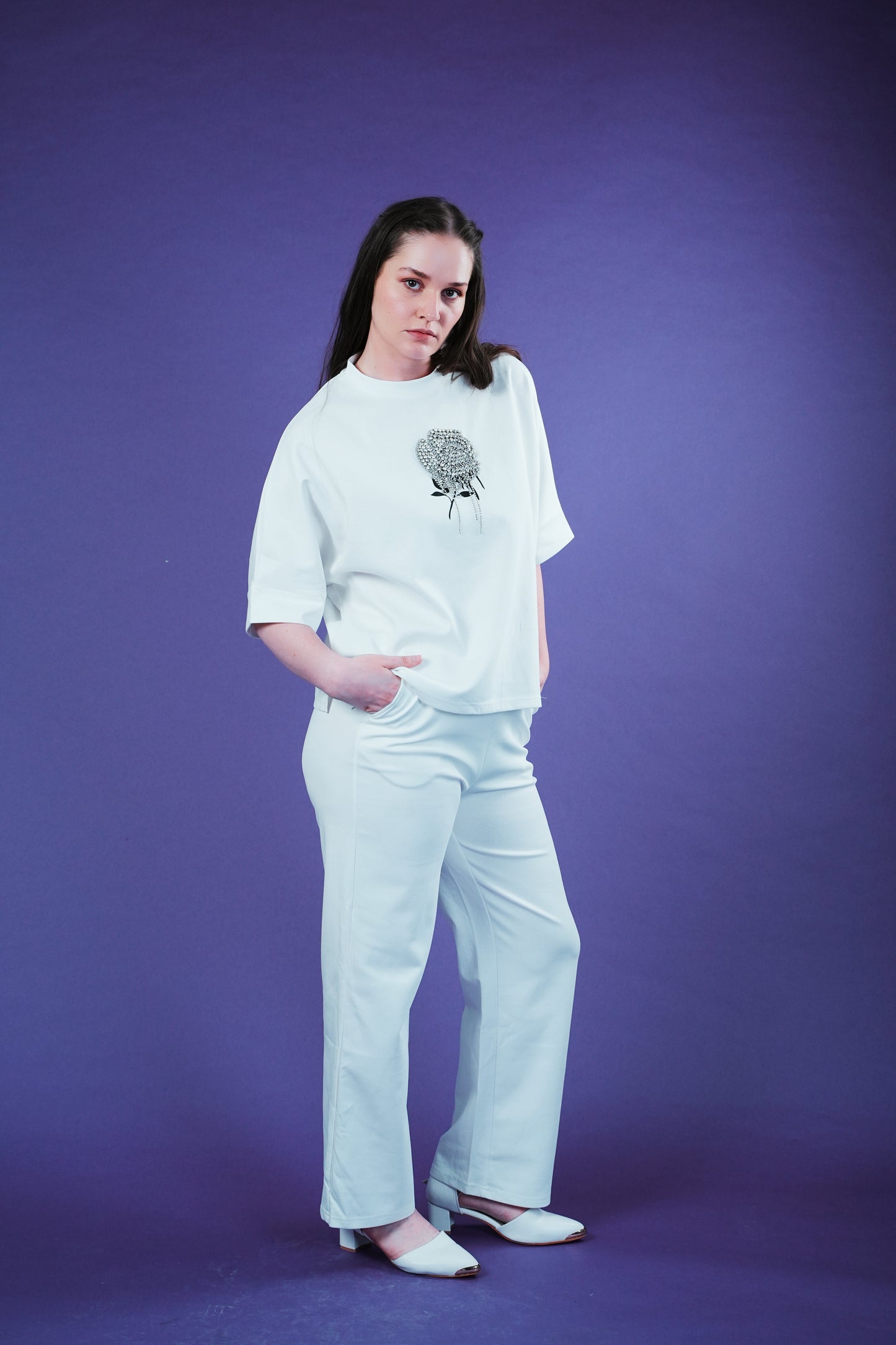 Diamond Bloom Co-ord Set for Women – Rhinestone Rose Embroidered Tee & Stretchable Knit Pants with Pockets