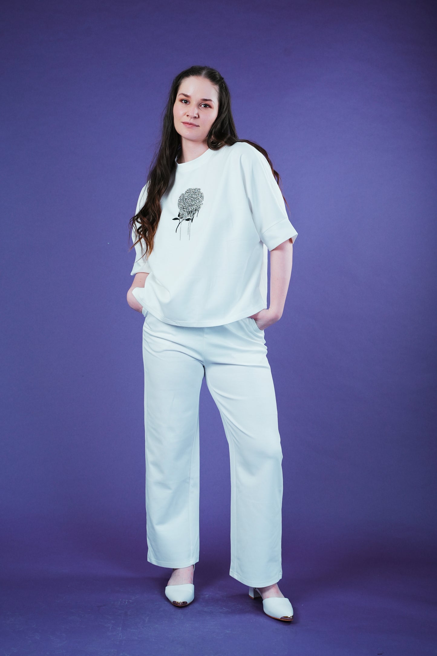 Diamond Bloom Co-ord Set for Women – Rhinestone Rose Embroidered Tee & Stretchable Knit Pants with Pockets